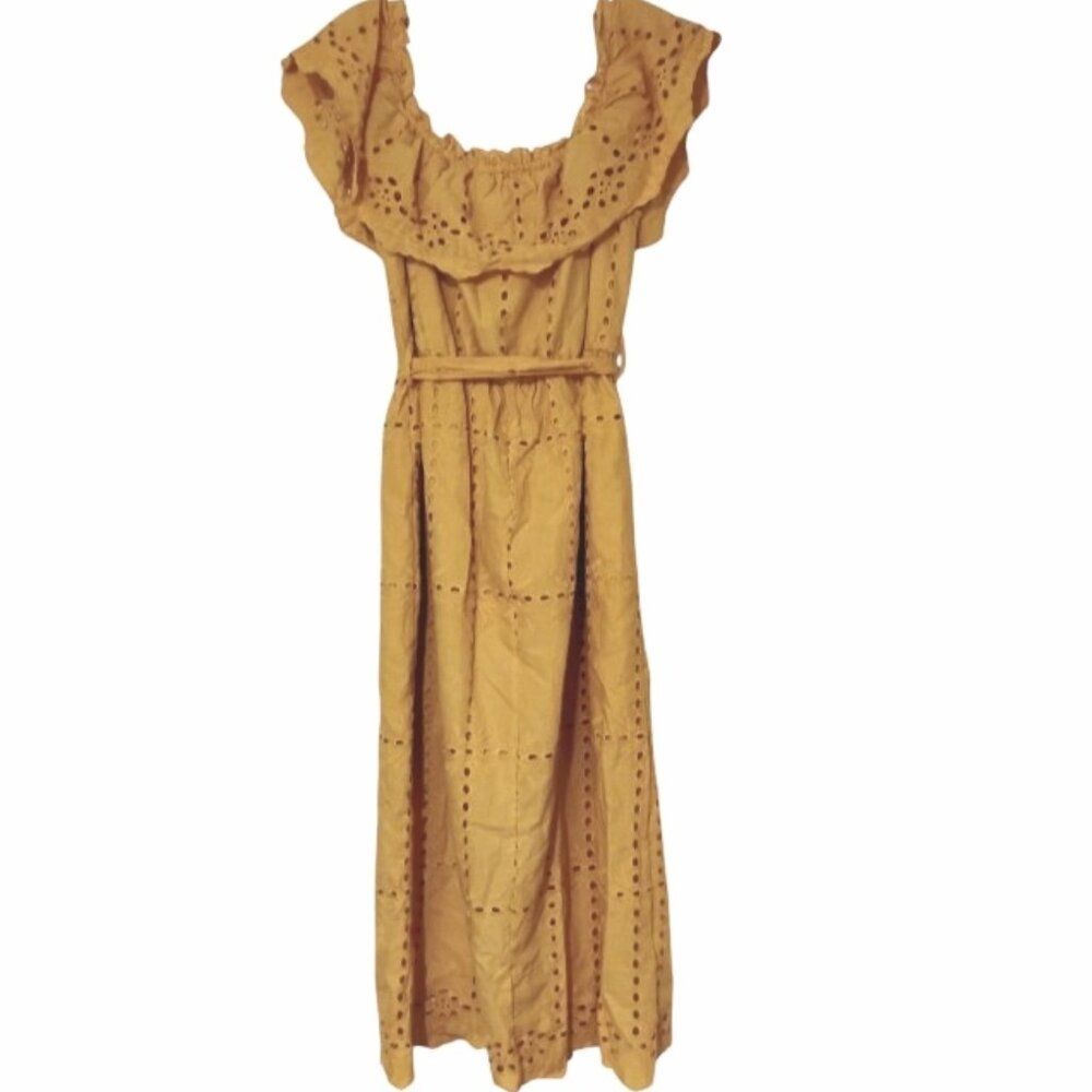 Simplee Dress Mustard Cotton Off Shoulder Ruffle Eyelet Cottage Prairie Peasant - Picture 8 of 14